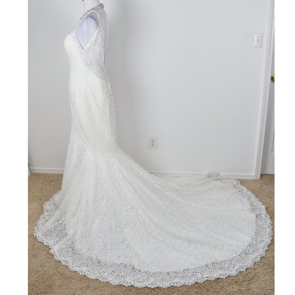 Madison James Lace Trumpet Train Wedding Swarovski Crystal Gown MJ169 - 12 - Picture 3 of 16